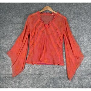 V-Neck Sheer Top Women's Size M/L Pink Orange Bell Sleeve‎ Peasant Fairycore